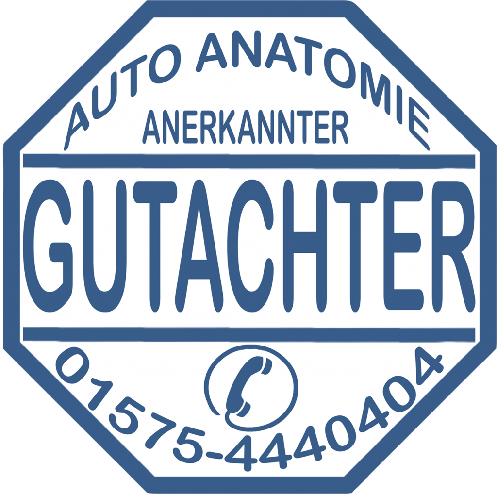 Blaues achteckiges Logo mit der Aufschrift Auto Anatomie Anerkannter Gutachter, einer Telefonnummer und einem Telefon-Icon in der Mitte