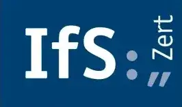 Auf blauem Hintergrund steht "IfS:" in Weiß, rechts davon ist "Zert" vertikal angeordnet, unter dem Doppelpunkt zwei lilafarbene Linien