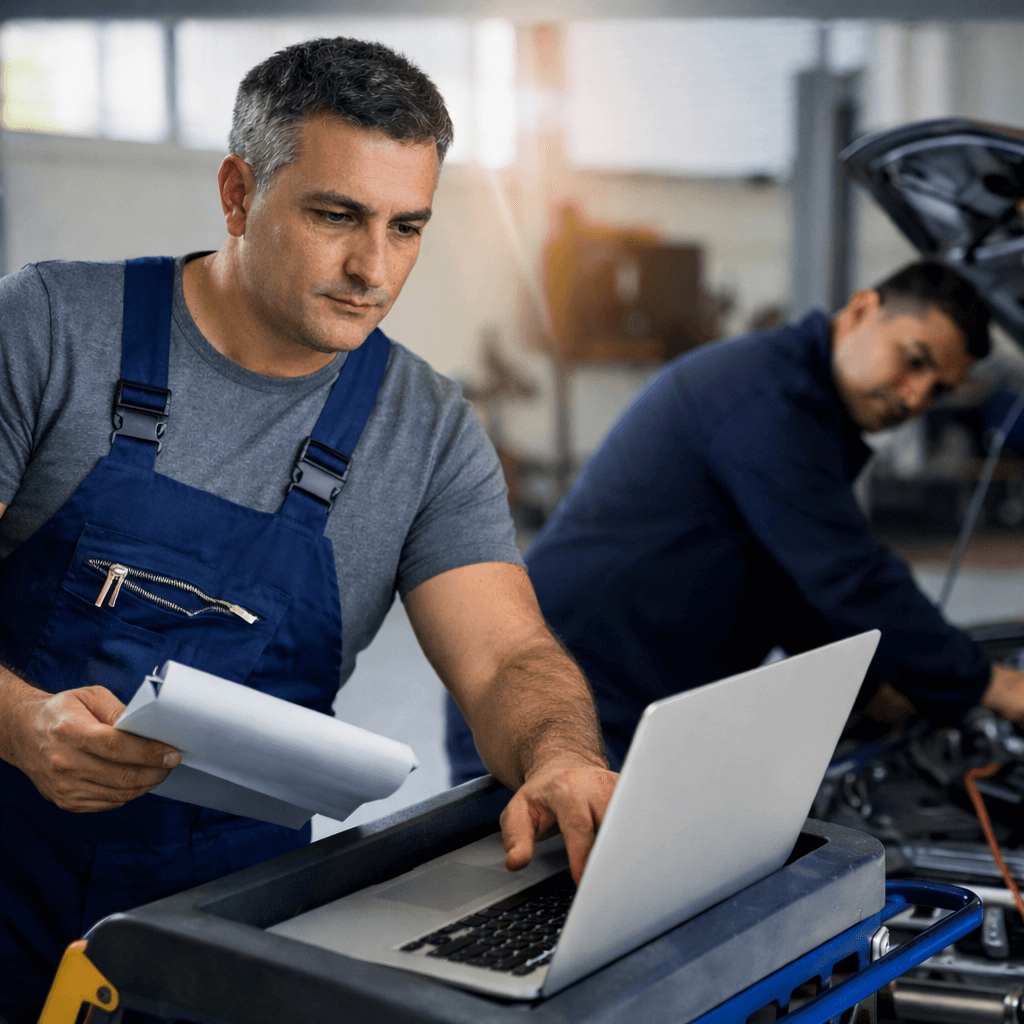Ein Mechaniker in blauer Arbeitskleidung bedient einen Laptop und hält Papiere, während im Hintergrund ein Kollege am Auto arbeitet