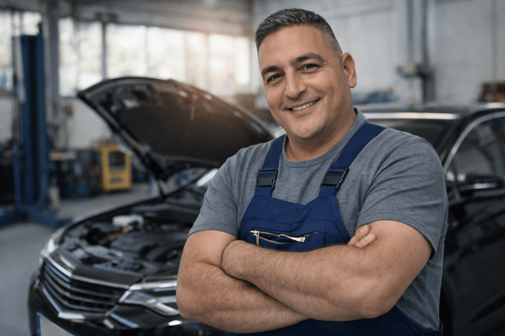 Ein lächelnder Mechaniker in blauen Overalls steht mit verschränkten Armen vor einem Auto mit offener Motorhaube in einer Werkstatt