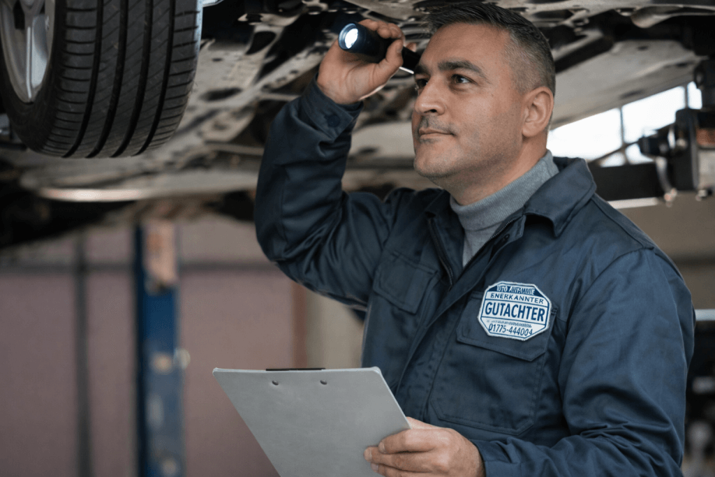 Ein Mechaniker überprüft mit einer Taschenlampe den Unterboden eines Autos, hält ein Klemmbrett und trägt blaue Arbeitskleidung mit Ausweis
