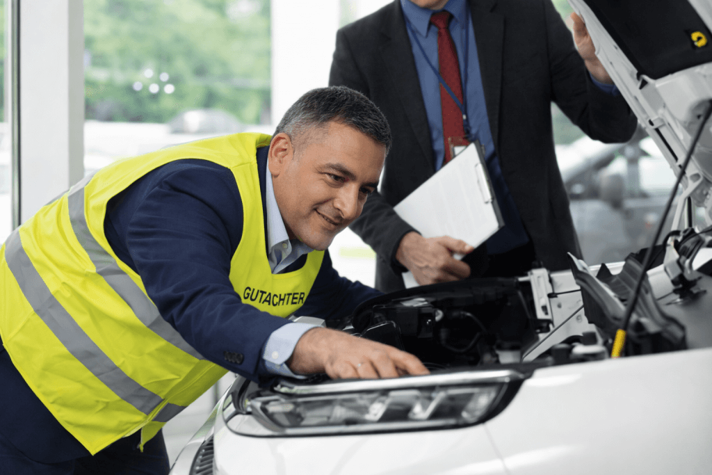 Ein Mann mit gelber Weste prüft für einen Kostenvoranschlag den Motorraum eines Autos, während eine zweite Person Notizen macht