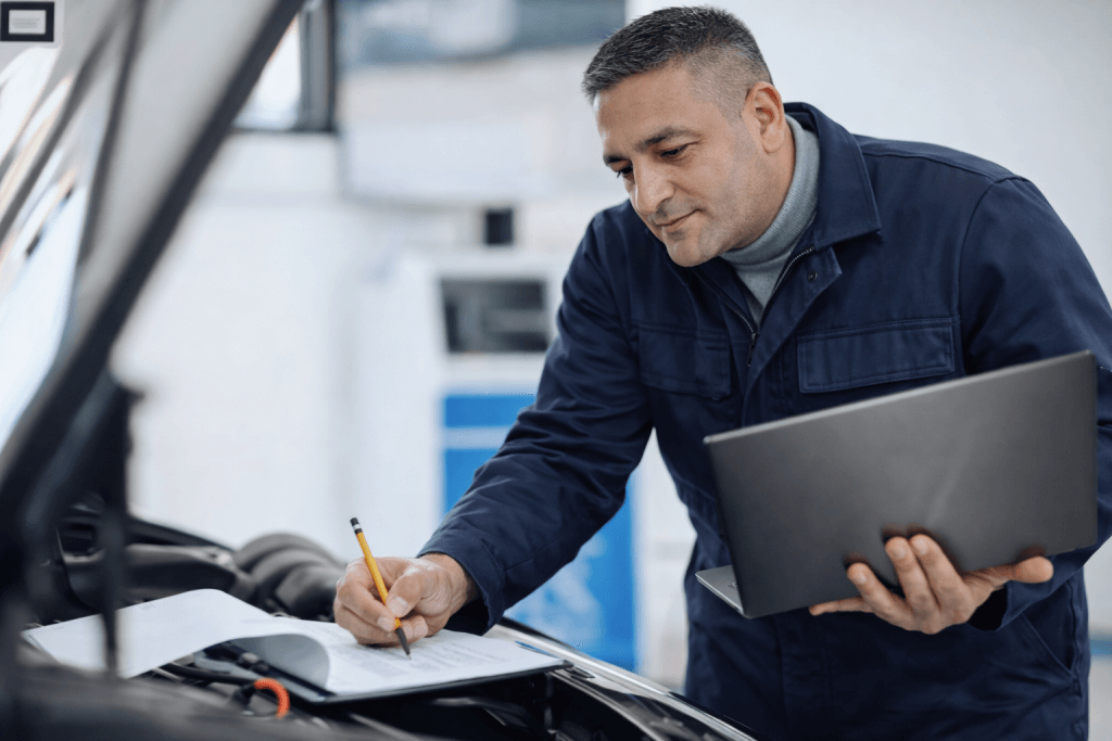 Ein Mechaniker in blauer Arbeitskleidung erstellt einen Kostenvoranschlag mit Klemmbrett und Laptop neben geöffneter Motorhaube in der Werkstatt