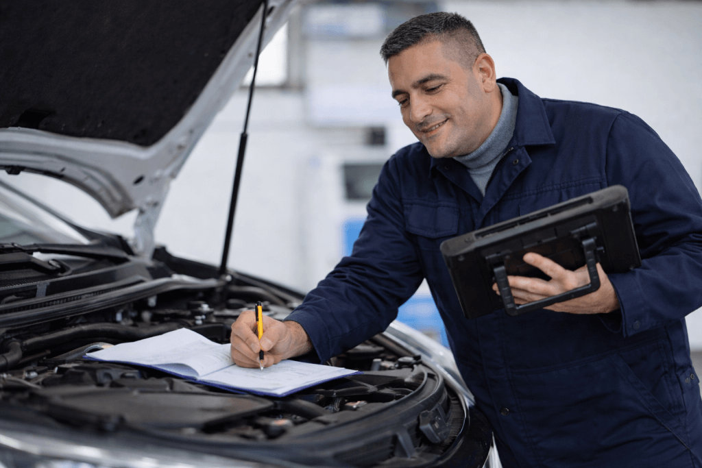 Ein Mechaniker im blauen Overall schreibt einen Kostenvoranschlag ins Notizbuch neben dem Motor eines Autos und hält eine Diagnosetabelle
