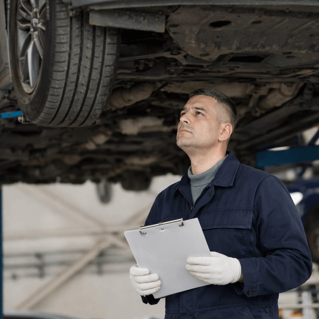 Ein Mechaniker im blauen Overall prüft für ein Unfallgutachten mit Klemmbrett und weißen Handschuhen den Unterboden eines Autos