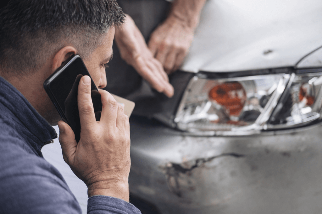Zwei Männer an beschädigtem Auto, einer telefoniert, der andere begutachtet die Delle am Stoßfänger und bespricht ein Unfallgutachten