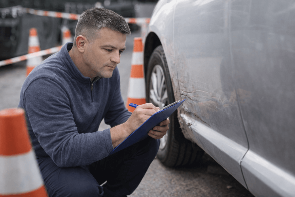 Ein Mann kniet neben einem Auto mit zerkratzter Tür, macht Notizen auf einem Klemmbrett, im Hintergrund stehen orangefarbene Leitkegel